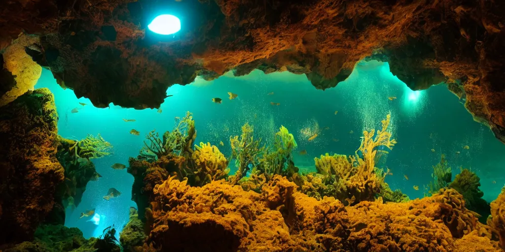 Prompt: mystical underwater cave with glowing creatures swimming around, award-winning photograph, 8K UHD