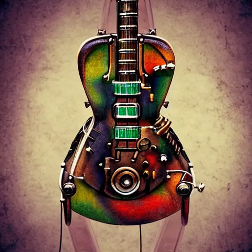 Image similar to photo of an eccentric steampunk electric guitar with ornaments, ultra realistic, vapor tubes, clock, mucha, art deco, art nouveau, neo goth, goth, cyberpunk, neons, 3 d chromes, unreal