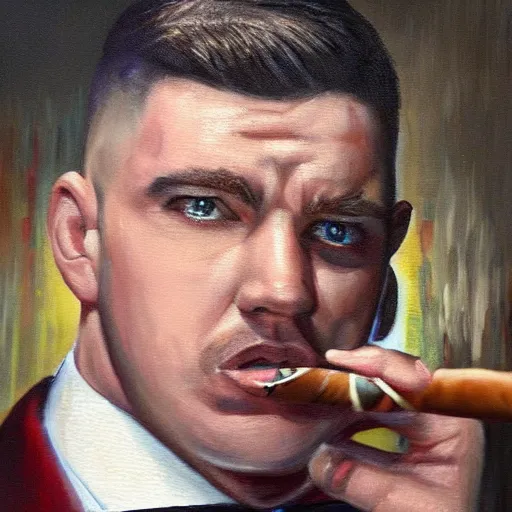 Image similar to a close - up canvas painting of a realistic gangster irish man with a fade haircut, lighting a cigar, wearing a suit, bowtie, and ring, highly detailed