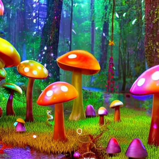 Image similar to a bright magic forest, with multicolored mushrooms and forest creatures dancing in the rain, 4 k, 3 d