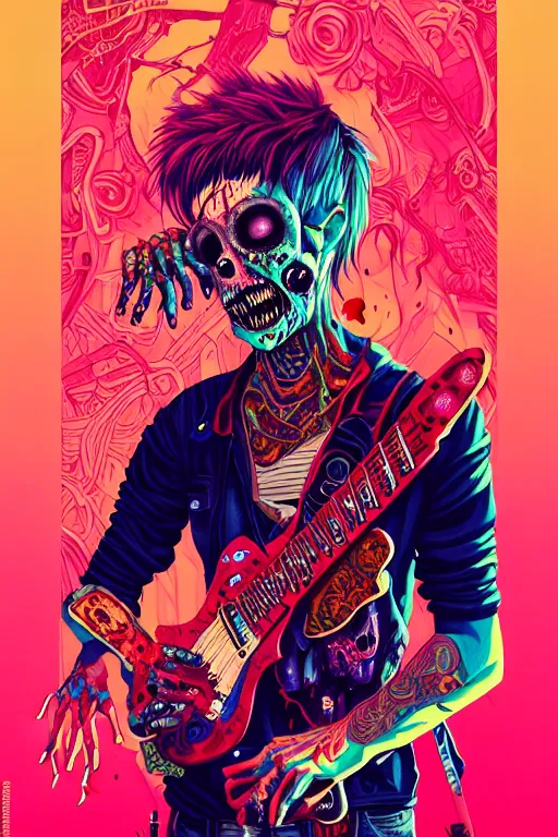 Prompt: zombie punk rocker playing guitar, tristan eaton, victo ngai, artgerm, rhads, ross draws, intricated details, 3 / 4 view, full body portrait, extremely luminous bright design, horror, pastel colours, toxic drips, autumn lights