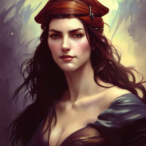Prompt: portrait of a young ruggedly handsome but joyful pirate, female, feminine, upper body, black hair, long hair, d & d, fantasy, seductive smirk, intricate, elegant, highly detailed, digital painting, artstation, concept art, matte, sharp focus, illustration, art by artgerm and greg rutkowski and alphonse mucha