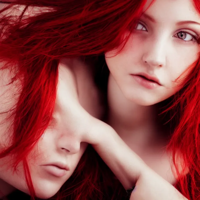 Prompt: Close-up portrait photo of a beautiful girl with red hair , dramatic light, dark background, high quality