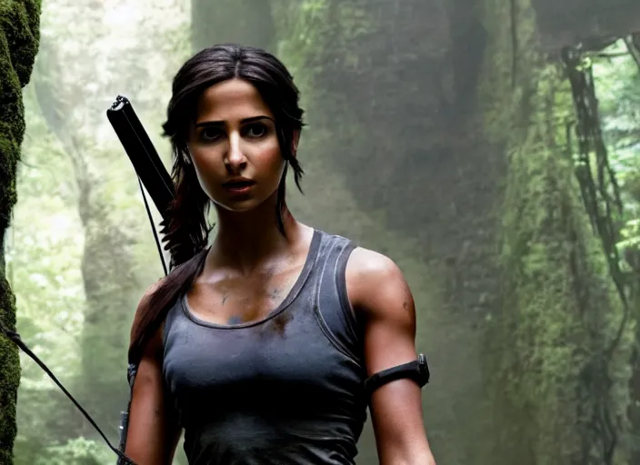 Image similar to film still of!!!! naomi scott!!! as lara croft in new tomb raider movie, 8 k