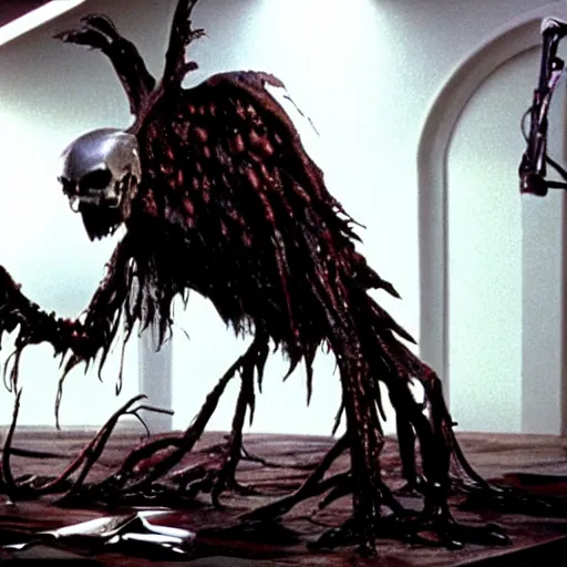 Prompt: a scary filmic wide shot color ground level angle movie still 3 5 mm film photograph of the full body of a winged fallen angel wielding a sword, with a grotesque variety of cybernetic limbs protruding from its torso inside a lab, in the style of nature documentary footage, the thing 1 9 8 2, 8 k resolution