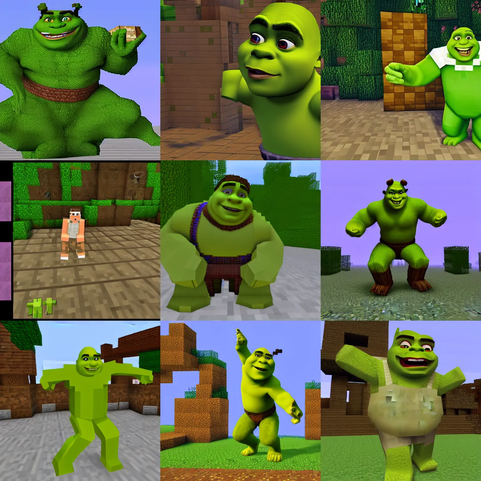 Prompt: Shrek dancing Striptease in Minecraft with Shaders
