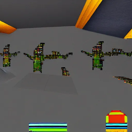 Prompt: crude children's crayon drawing of quake iii area deathmatch, fps, video game screenshot