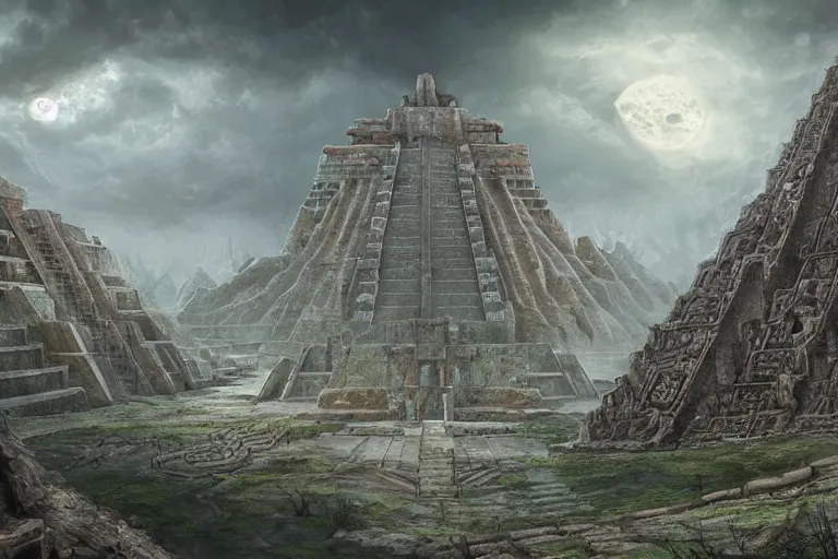 Prompt: the primordial Aztec Mayan brutalist chaos fantasy landscape by Jessica Rossier and HR Giger