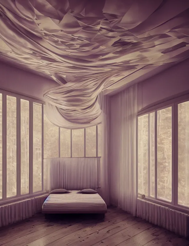 Image similar to an ultra wide angle photo of a bed hovering above the floor in the middle of a giant bedroom with windows opening to other worlds by casey weldon and lee madgewick, photorealistic, octane render, recursive, flowing, cascading, multiverse, labyrinthine