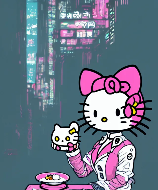 Image similar to a portrait of an anthropomorphic cyberpunk hello kitty eating sushi, cyberpunk!, fantasy, elegant, digital painting, artstation, concept art, matte, sharp focus, illustration, art by josan gonzalez