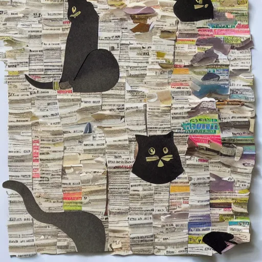 Prompt: Accurate representation of cat collage made out of cut coated and uncoated colored papers on two joined sheets of found newspaper