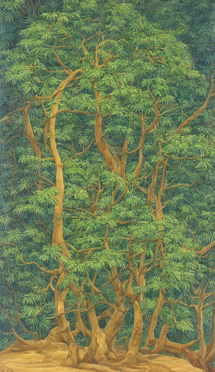 Prompt: single wide tree, close up, detailed by marianne north by moebius