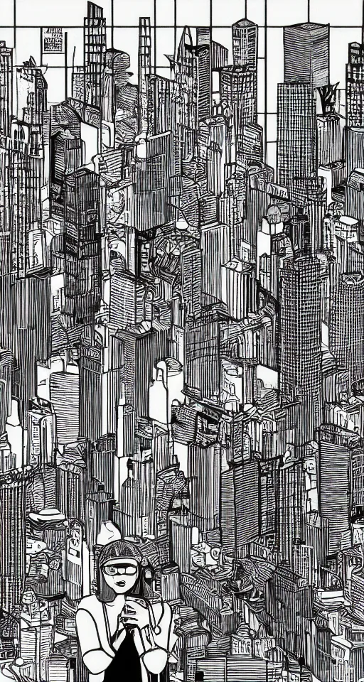 Image similar to cypherpunk full body illustration of nyc, camera face, black and white, city street background with high tall buildings, central park, diane arbus, abstract portrait highly detailed, finely detailed