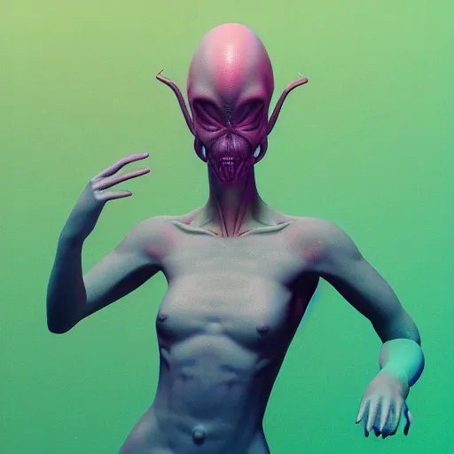 Image similar to born again christian tiktok influencer jumping and talking about how aliens are real only if you eat crayons because they see the phosphorescence in your boddy, in the style of james jean, artstation trending, 8 k, 3 d render, photorealistic, volumetric lighting caustics, pink