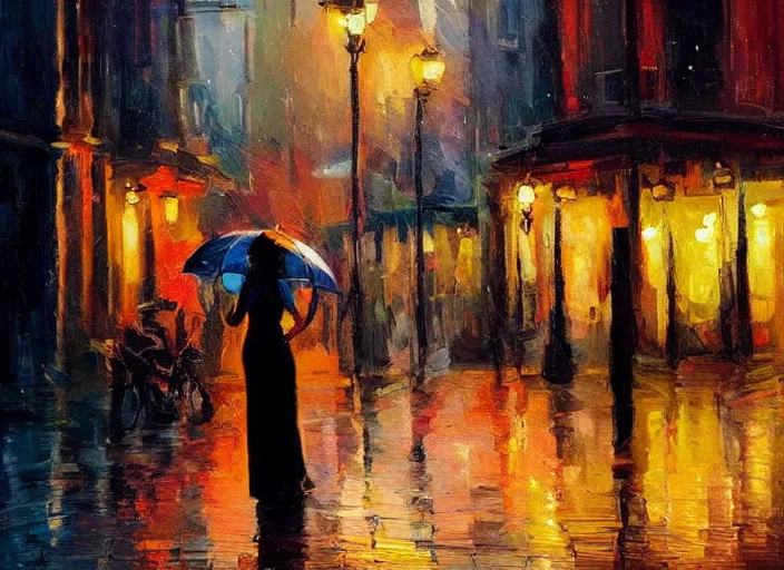 Prompt: evening city scene with medium height young woman with umbrella. beautiful use of light and shadow to create a sense of depth and movement. using energetic brushwork and a limited color palette, providing a distinctive look and expressive quality in a rhythmic composition