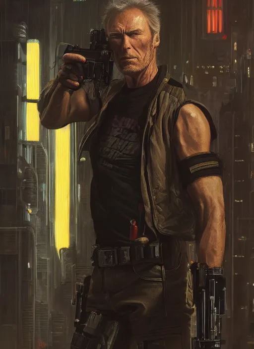 Image similar to clint eastwood. cyberpunk mercenary in a military vest ( blade runner 2 0 4 9, cyberpunk 2 0 7 7 ). orientalist portrait by john william waterhouse and james gurney and theodore ralli and nasreddine dinet, oil on canvas. cinematic, hyper realism, realistic proportions, dramatic lighting, high detail 4 k