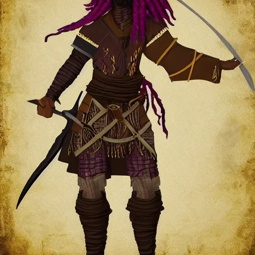 Image similar to a medieval hunter with african ethnicity and dreadlocks, plum color scheme, fantasy character portrait