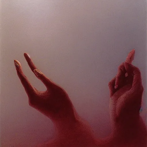 Image similar to hand and arm reaching out of thick fog, zdzislaw beksinski