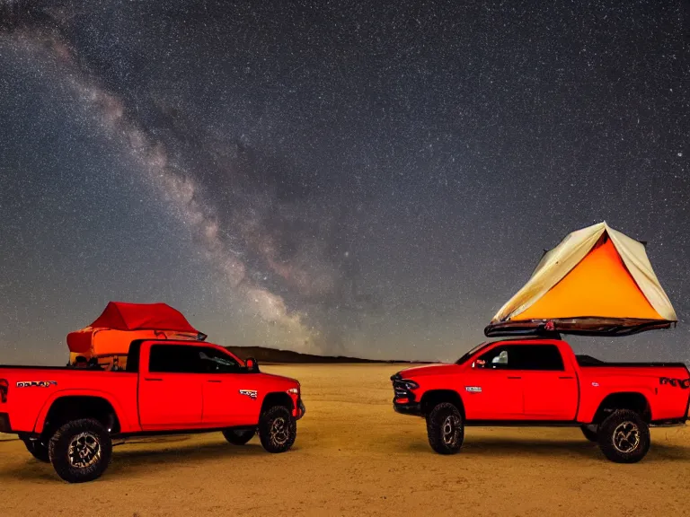 Image similar to dodge ram red power wagon with a roof top tent camping on dry lake night, long exposure, milky way, award winning, cinematic