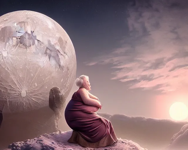 Image similar to of a very beautiful scene. ambient occlusion render. a sweet fat old woman is giving birth to the moon. hyper realistic. 4 k. wide angle. wild. symmetrical face, red mouth, blue eyes. deep focus, lovely scene. ambient occlusion render. concept art. unreal engine.