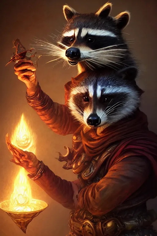 Image similar to closeup 3 5 mm anthropomorphic sorcerer raccoon casting a spell in a castle, d & d, fantasy, intricate, action pose, particle effects, highly detailed, digital painting, artstation, concept art, matte, sharp focus, volumetric lighting, illustration, hearthstone, art by artgerm, wlop, greg rutkowski and alphonse mucha