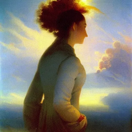 Prompt: beautiful young woman looking at giant nuclear explosion, artwork by Aivazovsky, Ivan