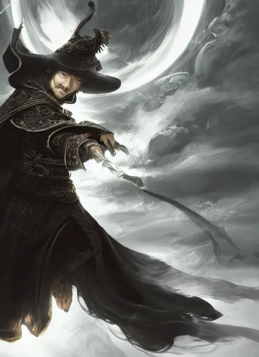 Prompt: a highly detailed illustration of Hiroyuki Sanada as wizard wearing black robe and mage hat, elegant magic floating pose, intricate, elegant, highly detailed, centered, digital painting, artstation, concept art, smooth, sharp focus, league of legends concept art, WLOP