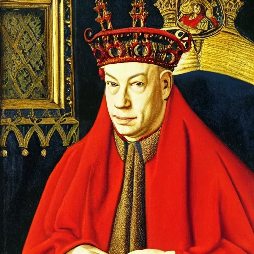 Prompt: A painting of Benjamin Netanyahu sitting in a golden chair wearing a red furred cape and a crown holding a royal ornate rod by Jan Van Eyck