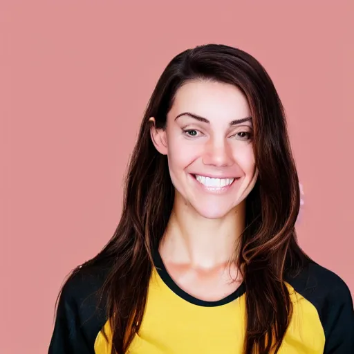 Prompt: a selfie portrait a brunette female, young, athletic, australian, wearing a gold tshirt in a studio