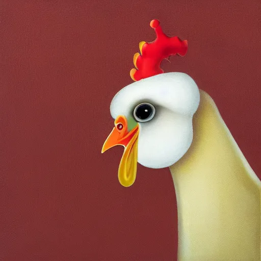 Image similar to A hungry chicken from an ant's point of view, pop surrealism