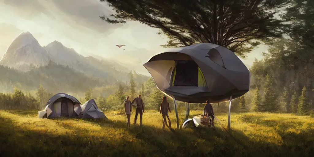 Image similar to cabela's tent futuristic pop up family pod, cabin, modular, person in foreground, mountainous forested wilderness open fields, beautiful views, painterly concept art, joanna gaines, environmental concept art, farmhouse, magnolia, concept art illustration by ross tran, by james gurney, by craig mullins, by greg rutkowski trending on artstation