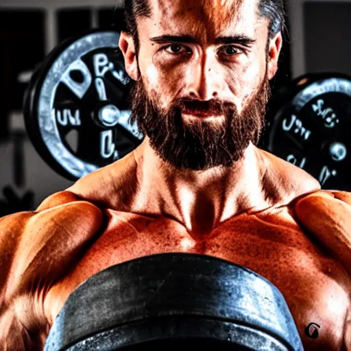 Prompt: Jesus Christ lifting the heaviest of weights at the gym alone, veins popping, highly detailed photograph, professional body builder Jesus