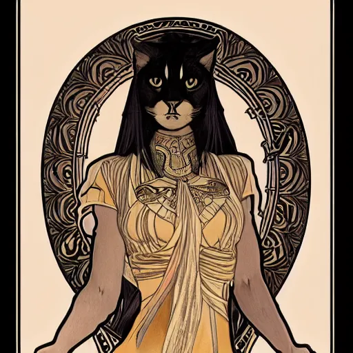 Prompt: beautiful, gorgeous art nouveau drawing of a black egyptian cat by alphonse mucha, impressive, wonderful, very detailed, perfect anatomy, symmetrical, trending on artstation, masterpiece