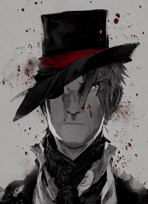 Prompt: highly detailed portrait of percy toplis as jack the ripper, by Dustin Nguyen, Akihiko Yoshida, Greg Tocchini, Greg Rutkowski, Cliff Chiang, 4k resolution, nier:automata inspired, bravely default inspired, vibrant but dreary red, black and white color scheme!!!