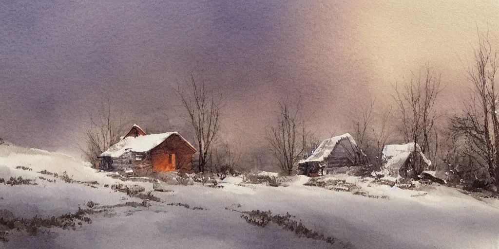 Prompt: a watercolor painting of a cabin in a snowy landscape, at dusk, painted by lars lerin