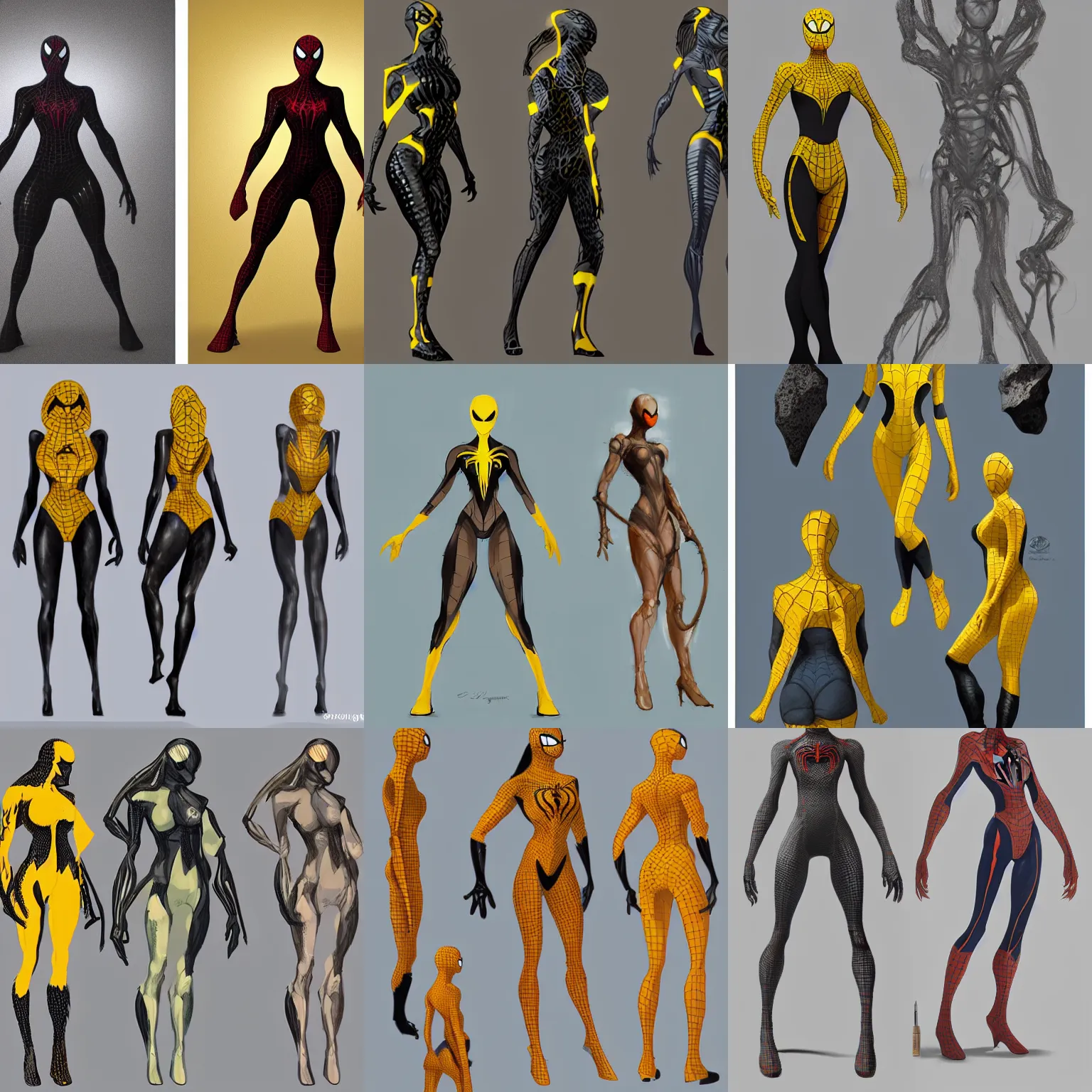 Prompt: full body character turnaround of a woman in an orb weaver spider inspired costume standing in a rock quarry, character sheet, matte painting, spiderman!!, spiderwoman!!, john singer sargent, good value control, highly detailed portrait, character turnaround, digital painting, concept art, sharp focus, smooth, 3 d model, illustration, yellow and black color scheme,