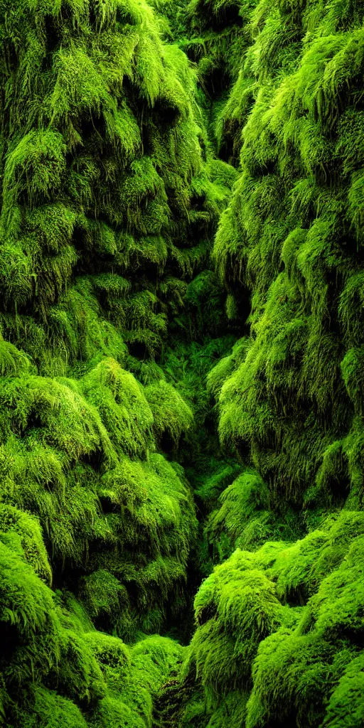 Image similar to dream looking through, a hyper realistic photograph fertile, lush mossy ferns canyon, ferns, minimalist structure, misty, raining, icelandic valley, in the style of reuben wu, roger deakins