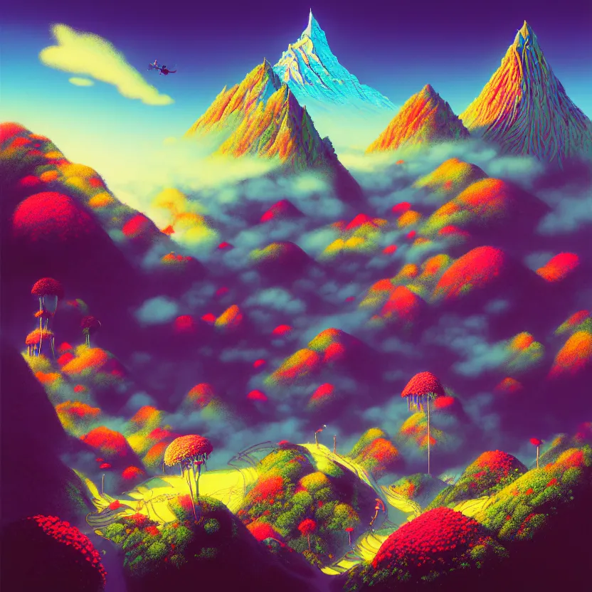 Image similar to fantasy world, kinabalu peak, summer morning, very coherent and colorful high contrast, art by!!!! gediminas pranckevicius!!!! geof darrow, pastel color, volumetric lighting, cinematic, floralpunk screen printing woodblock, dark shadows, hard lighting, stippling art