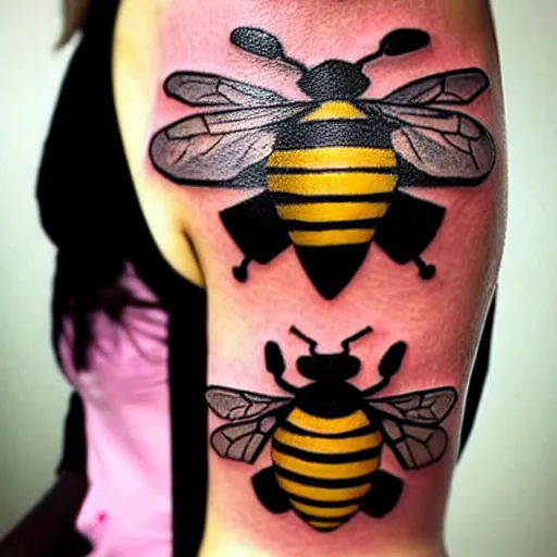 Image similar to a tattoo of bee movie by pixar on the clear back of a woman with crimson - red hair, tattooist is anonymous