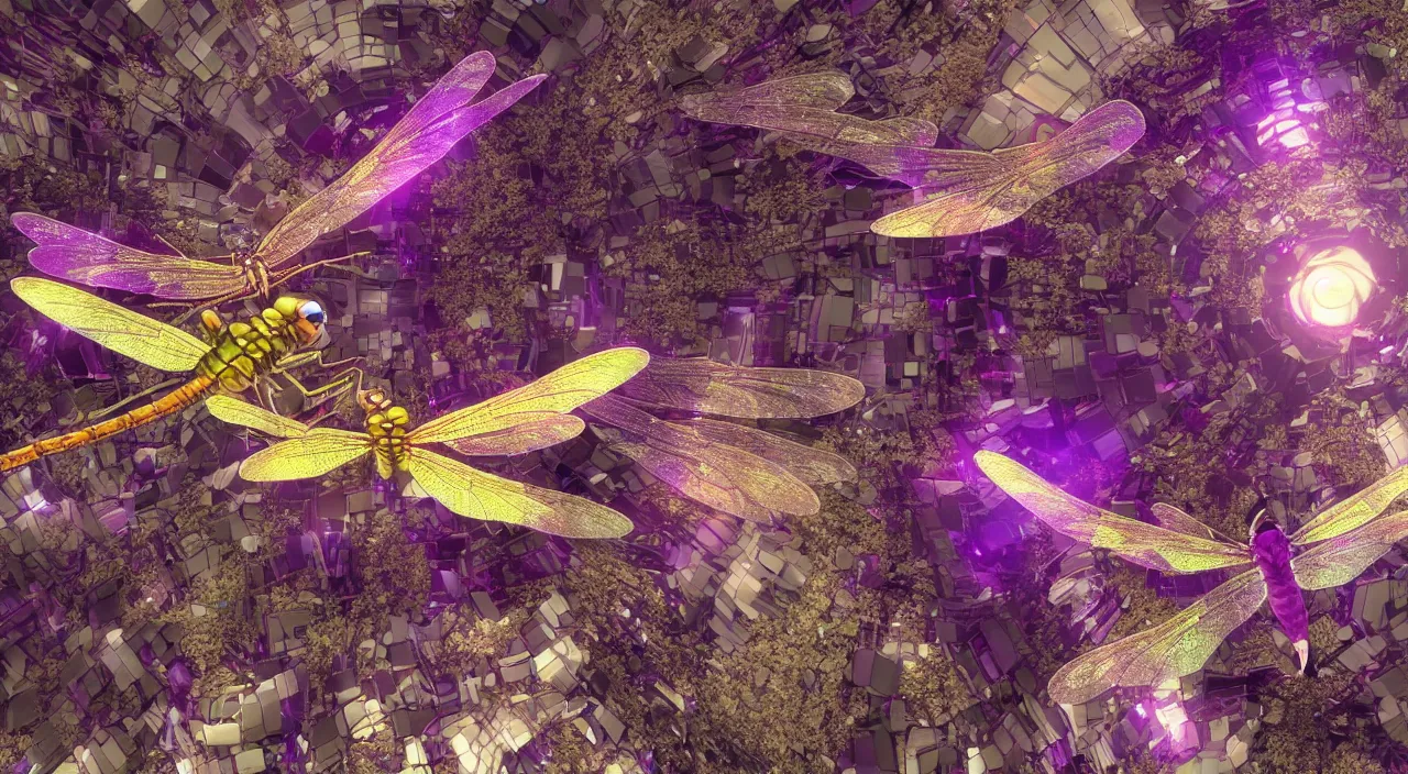 Image similar to a hi - resolution nature photograph of a dragonfly with wings made out of amethyst, flying over a cyber punk dystopian city. extremely detailed, mandelbulb 3 d, cinematic lighting