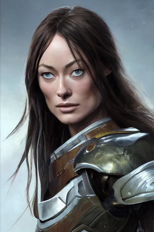 Image similar to a professional painting of a young Olivia Wilde, clothes in military armor, olive skin, long dark hair, beautiful bone structure, symmetrical facial features, intricate, elegant, digital painting, concept art, smooth, sharp focus, illustration, from StarCraft by Ruan Jia and Mandy Jurgens and Artgerm and William-Adolphe Bouguerea