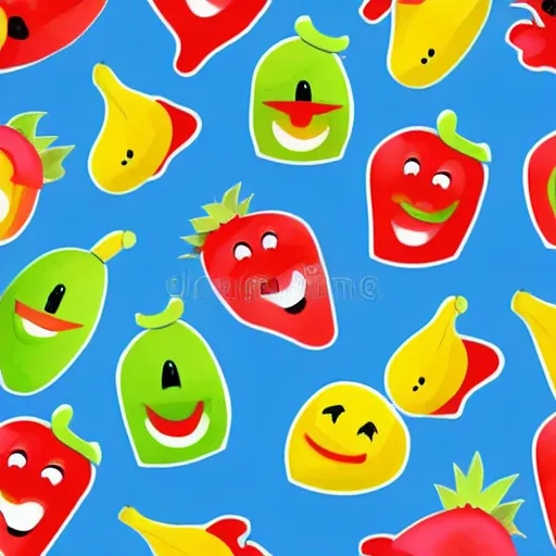 Prompt: dancing fruit, they are very happy, smiling, children illustration, 2D