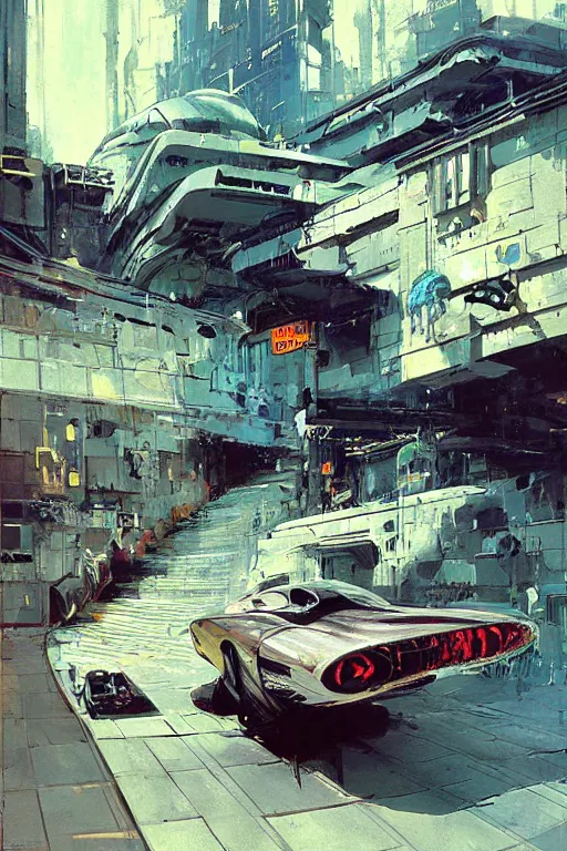 Prompt: very steep hill, retro future city, shops, futuristic vehicle, syd mead, john berkey, jeremy mann, 5 0 s pulp