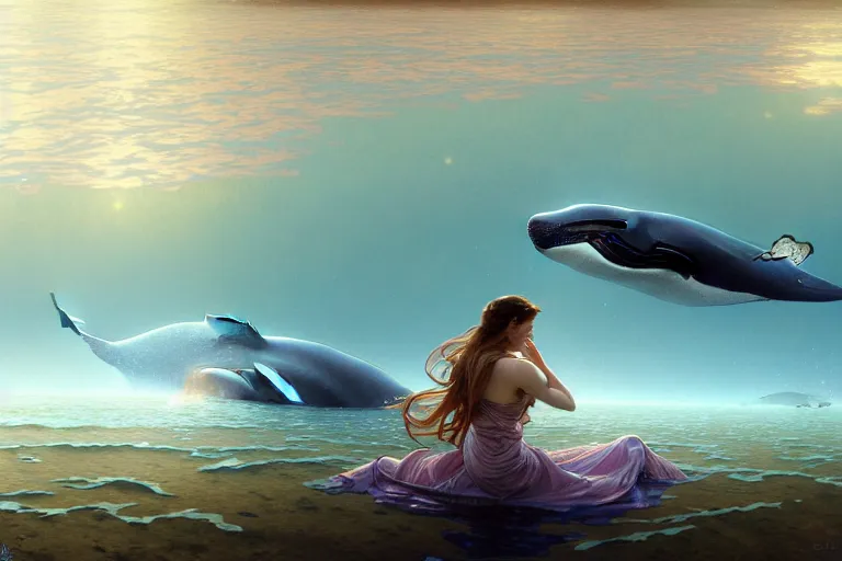 Image similar to painting of a panorama distance view of under the water, wearing beautiful clothes, hyper detailed cg rendering of a cute girl and whale, elegant, highly detailed, digital painting, artstation, concept art, smooth, sharp focus, illustration, art by artgerm and greg rutkowski and alphonse mucha, 8 k