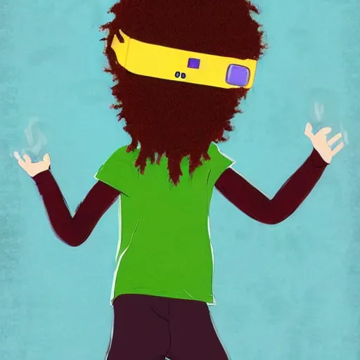 Image similar to a highly detailed painting of a boy with dreadlocks and a beard in the virtual reality of southpark, he does a lot of mischief and dances with the other members of the series