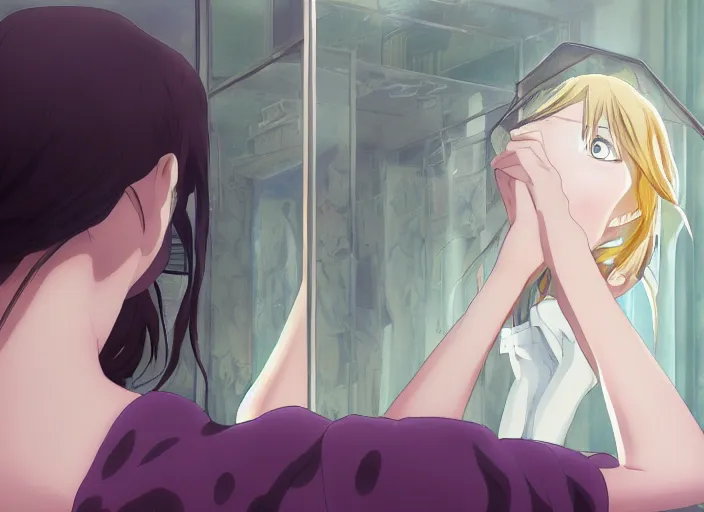 Prompt: surprised anime woman looking at into a mirror, by makoto shinkai, anime, highly detailed, digital art