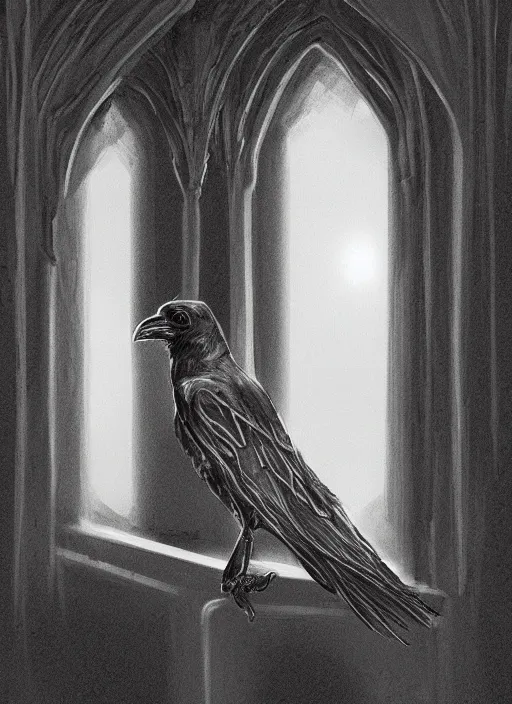 Image similar to a raven perched upon a windowsill at night in a gothic manor, black & white digital painting, trending on artstation