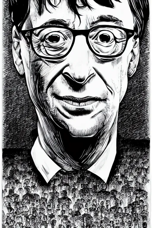 Image similar to Bill Gates full body portrait, body horror, black and white Illustration by Junji Ito