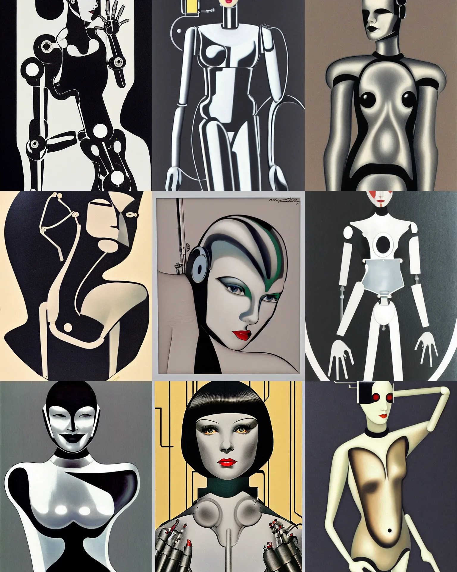 Prompt: mary louise brooks, chrome skin, robot arm, 1 9 8 0 s and 1 9 2 0 s airbrush, clean lines, futuristic, art deco circuit board, art deco motif