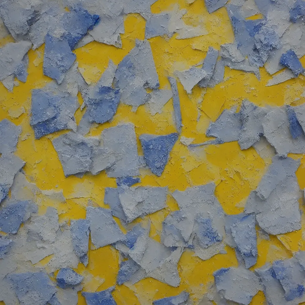 Prompt: 3 dimensional solid large fragments of solid oil paint, highly realistic deep impasto, colours cream naples yellow and blue - grey